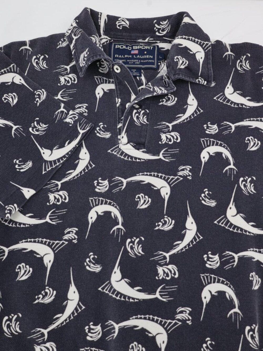 Vintage Y2K Polo Sport Ralph Lauren Polo Shirt Mens Large Swordfish AOP printed
